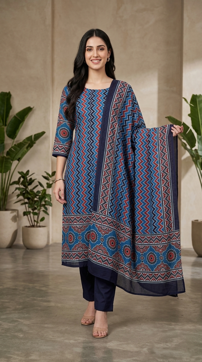 Blue Printed Cotton Saree