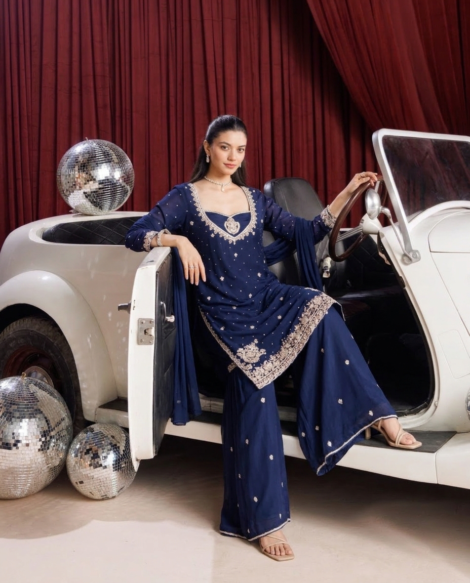 Blue Ethnic Handworked Kurti Set view 2