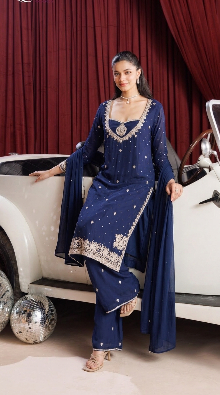 Blue Ethnic Handworked Kurti Set view 3